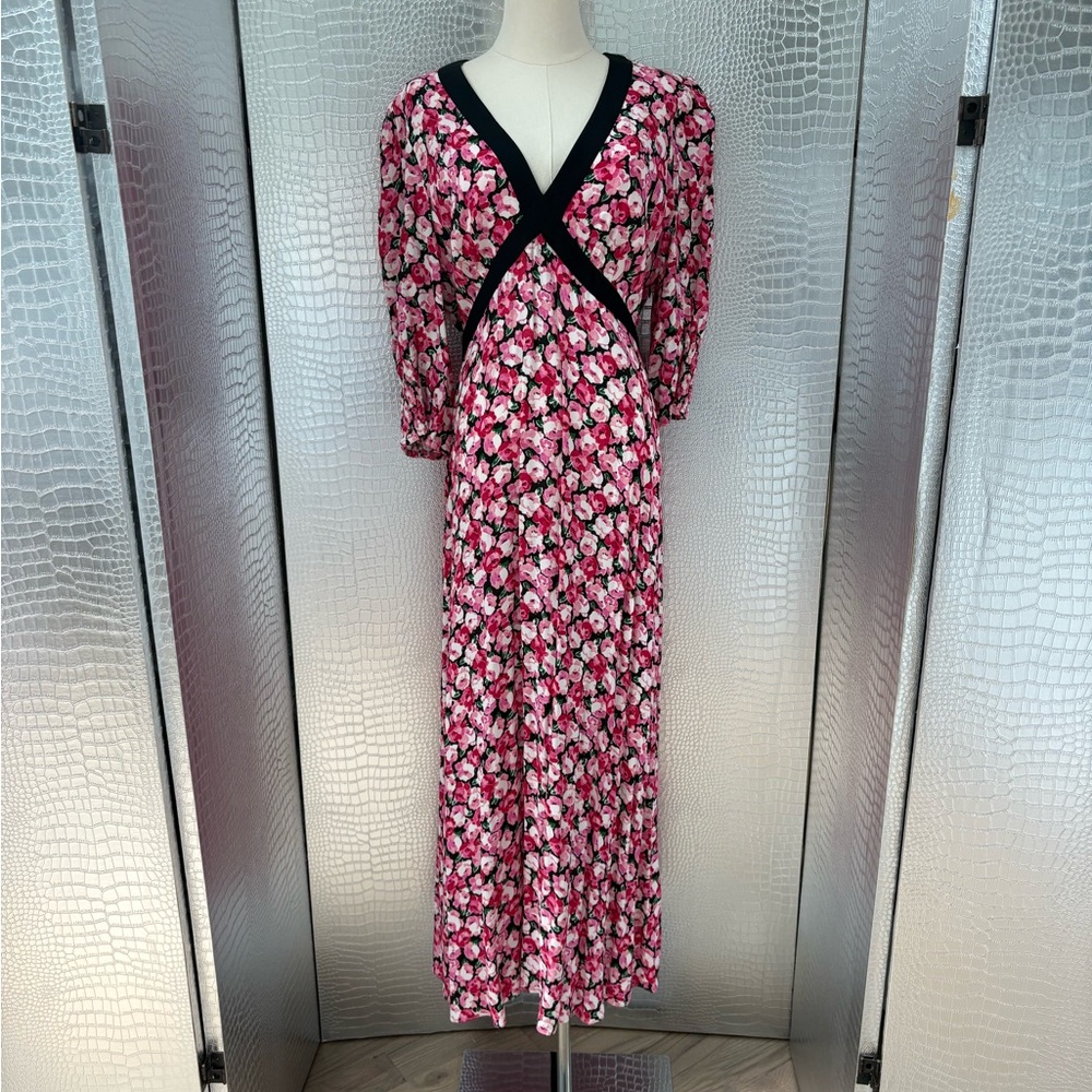 RIXO Pink and Black Wrap Sundress with Bishop Sleeves